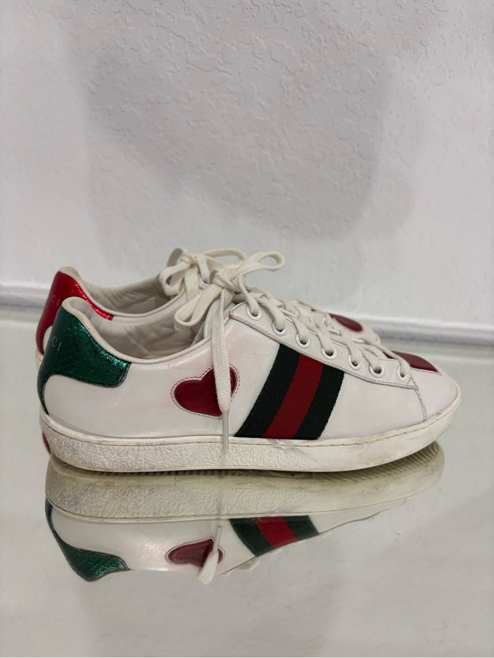 Gucci White Leather Sneakers with Red & Green Accents